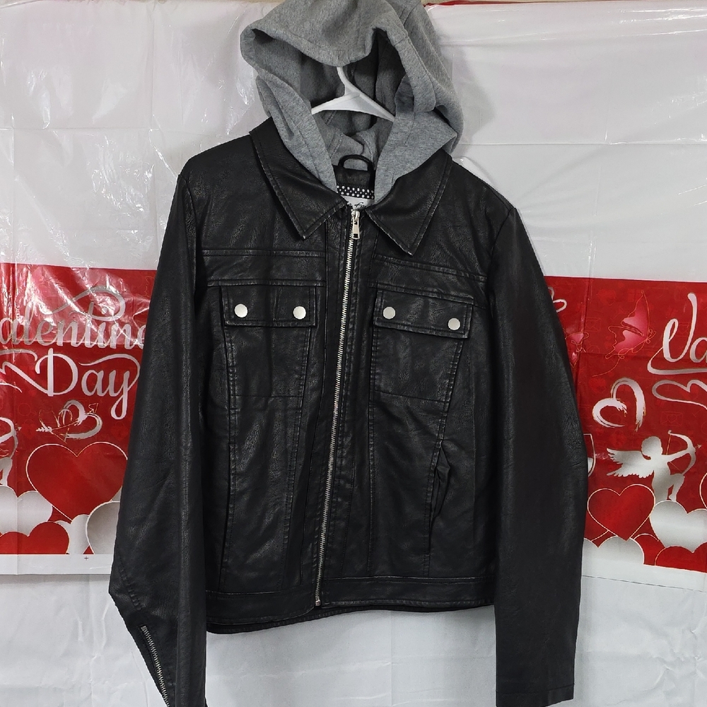 Alivia Ford Women's Black Leather Jacket with Gray Hood Lined Size XL ( W482)